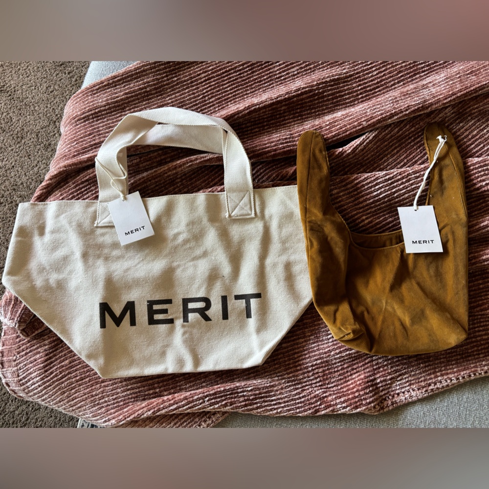 Merit Cream Canvas Tote and brown corduroy handbag